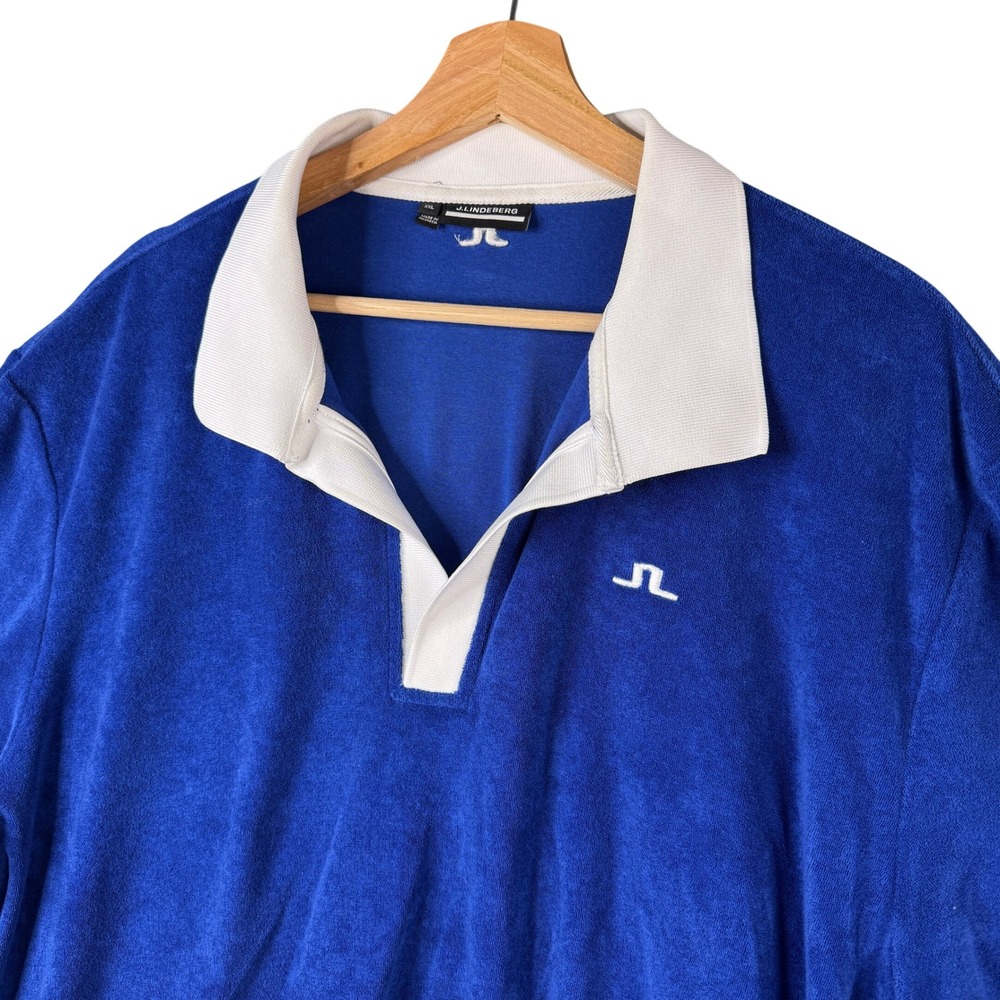 J.Lindeberg Mens XXL Blue Terry Cloth Short Sleeve Polo Shirt Bridge Logo